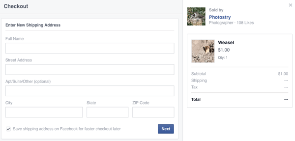o cliente insira os detalhes de envio da primeira compra no Facebook