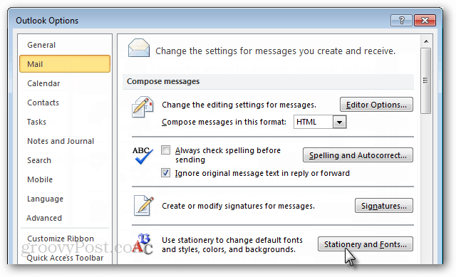opções de email do Outlook 2010