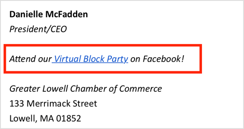 Promova seu evento virtual no Facebook em sua assinatura de e-mail.