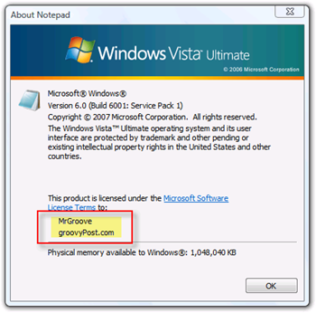 Proprietário e organização da exibição para Windows Vista