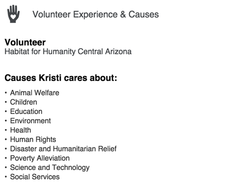 seção de causas e experiências voluntárias do LinkedIn