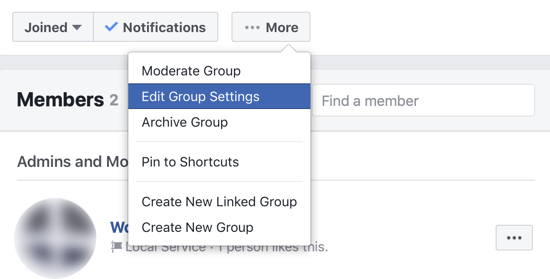 Como melhorar sua comunidade de grupo no Facebook, opção de menu para editar as configurações do grupo no Facebook