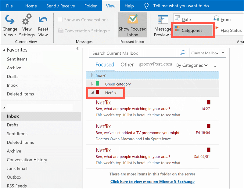 Emails classificados por categoria de cor no Outlook