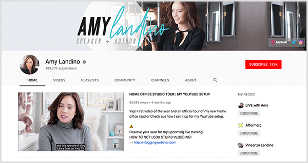 AmyTV é o canal rebatizado de Amy Landino no YouTube. A página do canal apresenta fotos de Amy e o vídeo que ela usou para lançar seu canal reformulado.