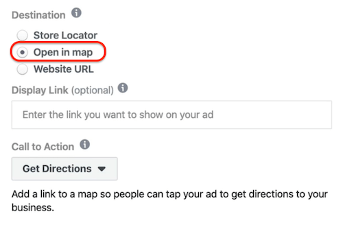 Opção Abrir no mapa selecionada no nível do anúncio no Gerenciador de anúncios do Facebook