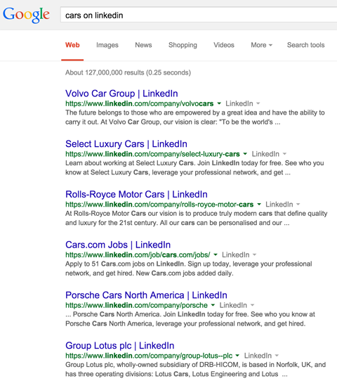 A página da empresa do LinkedIn resulta nos resultados de pesquisa do Google para carros no LinkedIn
