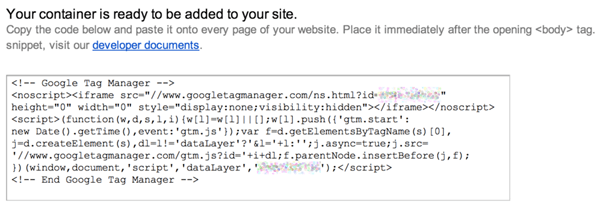 exemplo de snippet de código do gerenciador de tags do google