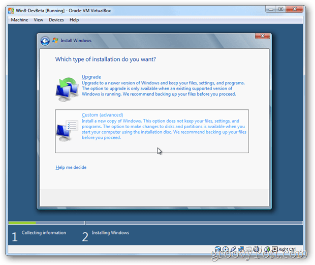 VirtualBox Windows 8 escolhe instalação personalizada