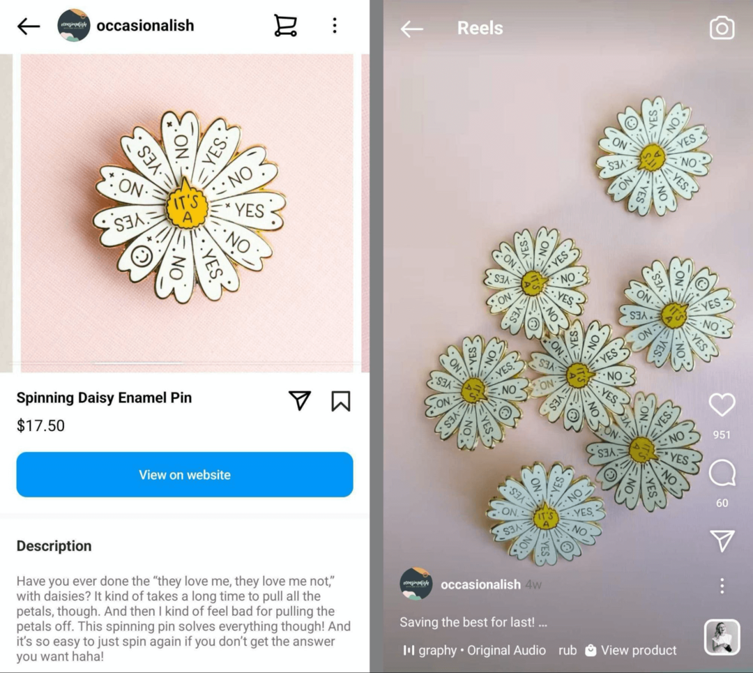 imagem do mesmo produto em uma loja do Instagram e no carretel do Instagram