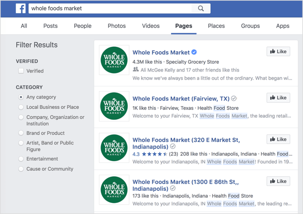 Páginas de localização individuais aparecem na pesquisa do Facebook.