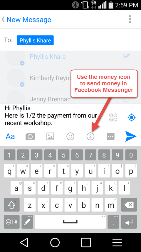 opção enviar dinheiro no facebook messenger