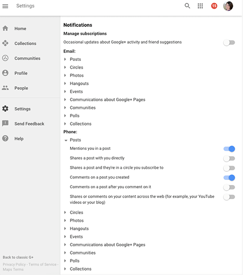configurações de notificação do googleplus no desktop