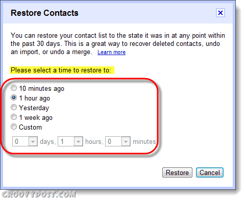 restaurar contatos do gmail para uma data específica