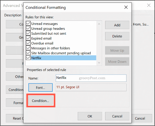 O botão Condições de formatação condicional no Microsoft Outlook