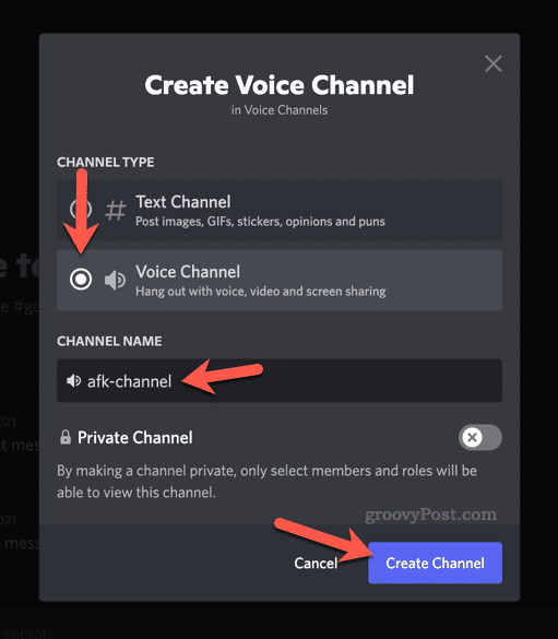 Configurando opções para um novo canal de voz no Discord