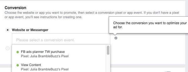 Ao configurar uma campanha de anúncios de conversões de site, selecione o pixel que será usado para rastrear as conversões.