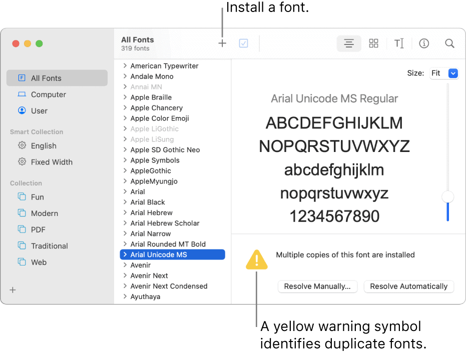 Aviso de fonte amarela do Mac