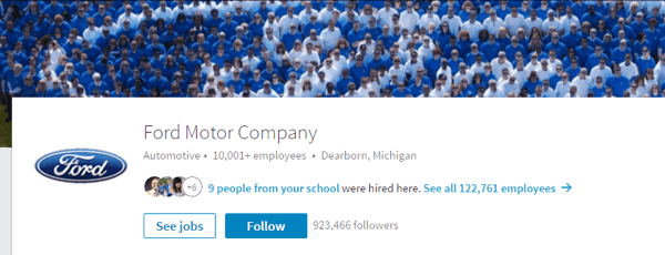 A página do LinkedIn da Ford Motor Company inclui imagens relevantes e detalhes atualizados.