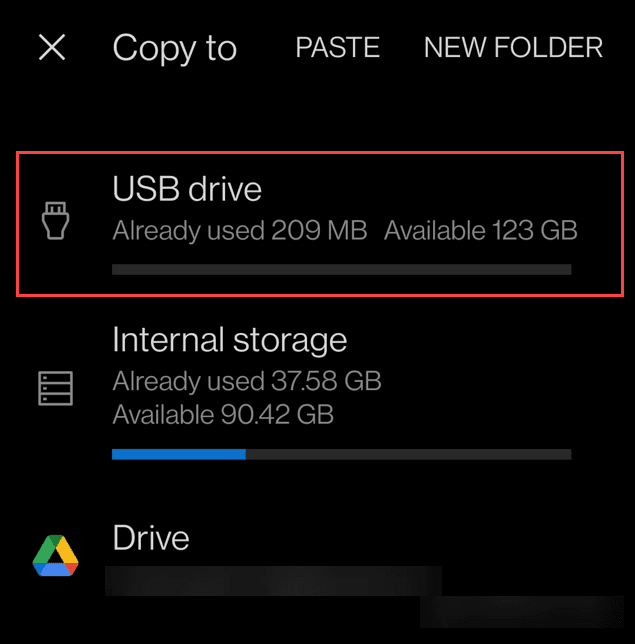 Transferir fotos do Android para uma unidade USB