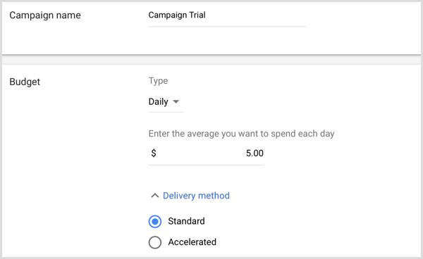 Adicione o nome da campanha e o orçamento no Google AdWords.