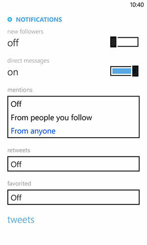 configurações de notificação do twitter do windows phone