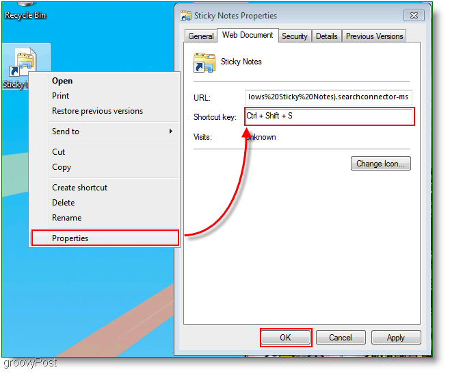 Windows 7 Criar novo menu de atribuição de teclas de atalho: captura de tela