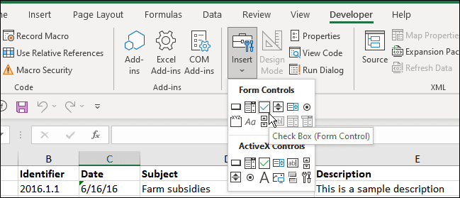 inserir desenvolvedor de caixa de seleção Excel