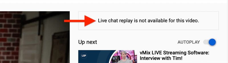 observação para vídeo cortado do youtube que a repetição do chat ao vivo não está disponível