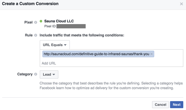Crie uma conversão personalizada baseada em URL com sua página de confirmação.