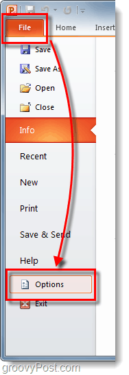 opções de faixa de opções do arquivo do powerpoint 2010