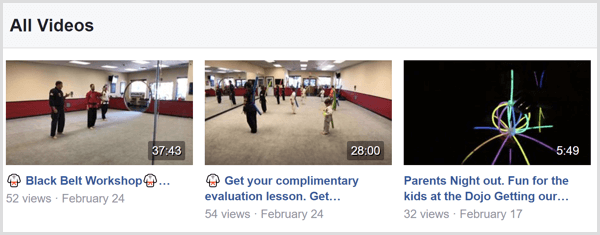 Exemplo de títulos de vídeo do Facebook Live em uma página do Facebook