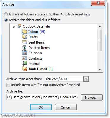 configurações de arquivo manual no Outlook 2010
