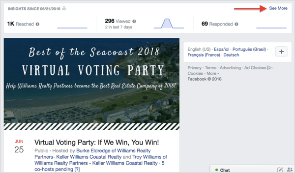 Encontre uma visão geral rápida de seus insights de eventos do Facebook no topo da página do evento.