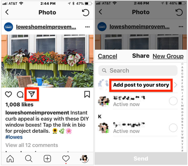Para adicionar uma postagem pública à sua história do Instagram, abra a postagem, toque no ícone do avião abaixo da imagem e selecione Adicionar postagem à sua história no menu pop-up.