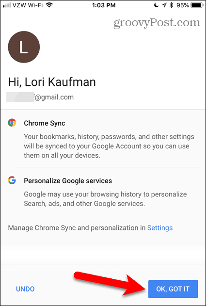 Toque em OK, Entendi no Chrome para iOS