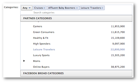 selecionar categorias de parceiros do Facebook