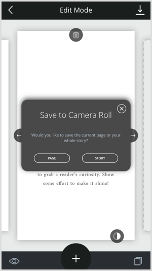 Toque no ícone de seta de download e salve sua história Unfold no rolo da câmera.