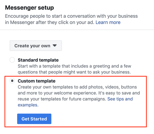 Anúncios do Facebook Click to Messenger, etapa 3.