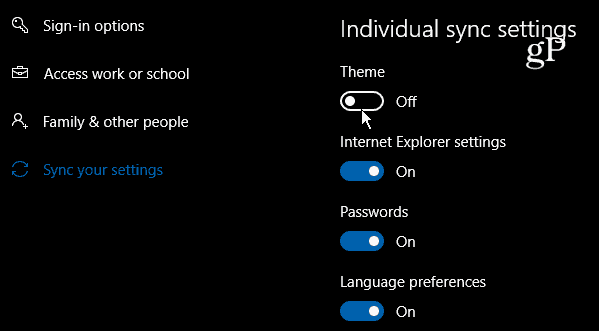 Configurações individuais de sincronização do Windows 10