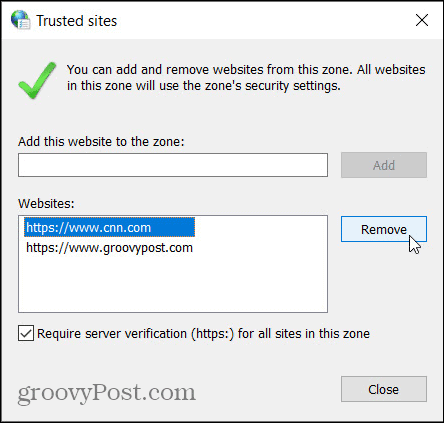 Remover sites confiáveis ​​no painel de controle do Windows