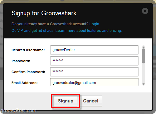 Processo de inscrição no Grooveshark