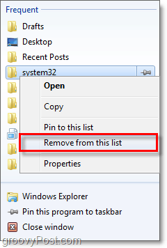 clique com o botão direito do mouse em um item da lista de atalhos e clique em remover da lista