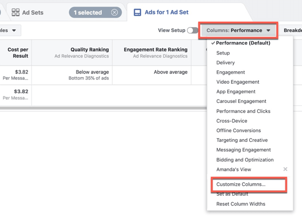 Personalizando o Facebook Ads Manager para personalizar as colunas.