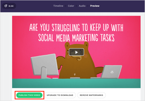 Se você estiver satisfeito com seu vídeo Biteable, clique em Publicar este vídeo.