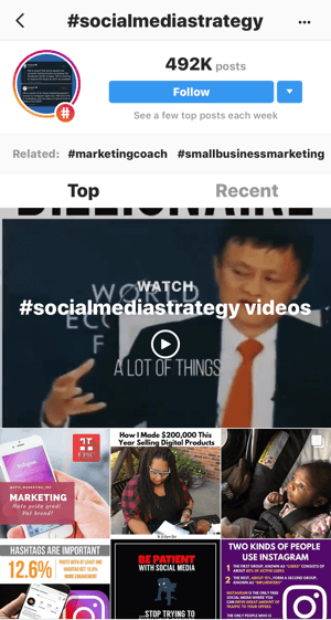 Como desenvolver estrategicamente seu Instagram seguindo, etapa 11, encontrar postagens de exemplo relevantes, pesquisa de amostra para vídeos “#socialmediastrategy”