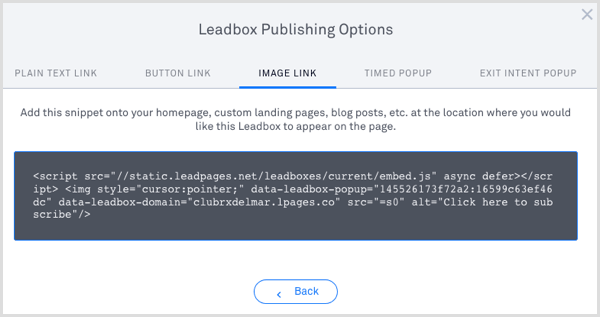 Código de publicação do leadbox LeadPages 