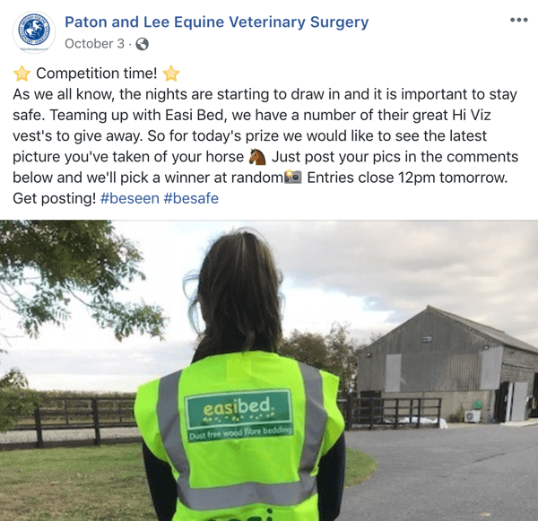 Exemplo de postagem no Facebook com um concurso de Paton e Lee Equine Veterinary Surger.
