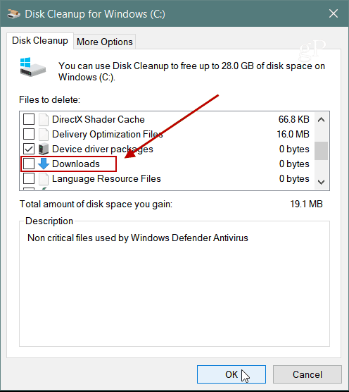 Downloads Limpeza de disco Windows 10 1809