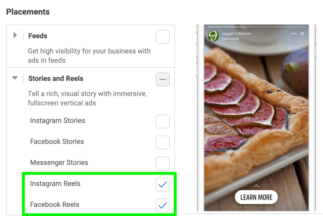 imagem de posicionamentos de anúncios de histórias e bobinas no Meta Ads Manager