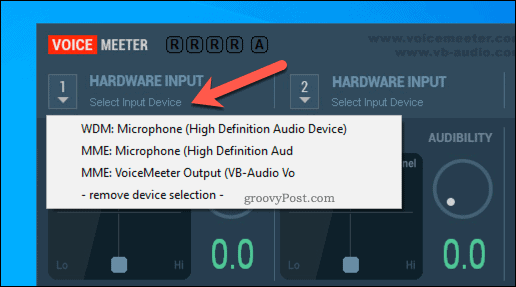 Selecionando uma opção de entrada de hardware VoiceMeeter